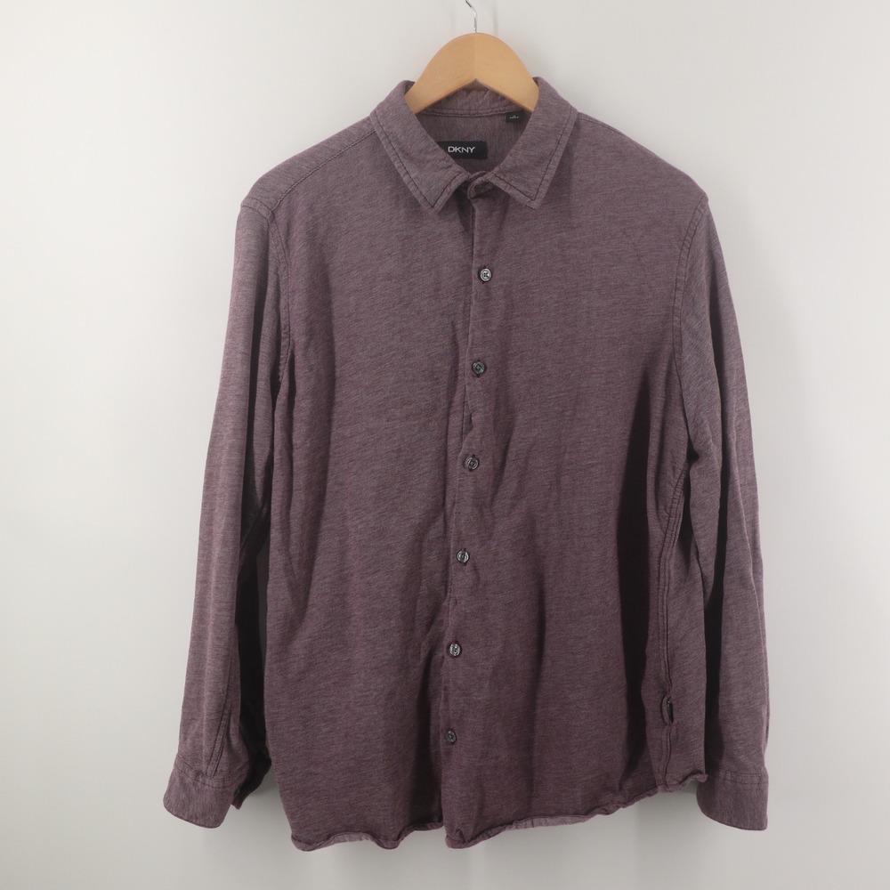 DKNY Shirt Mens Large Purple Heathered Knit Long Sleeve Button Up Excellent